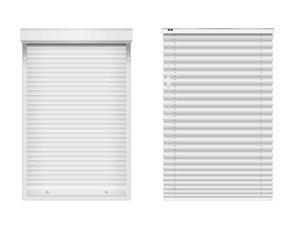Window blinds, horizontal closed jalousie and plastic louvers, sun blind curtains Window blinds, horizontal closed jalousie and plastic louvers, sun blind curtains. Realistic elements for office and home room interior metal or plastic. Vector illustration aluminum sign mockup stock illustrations