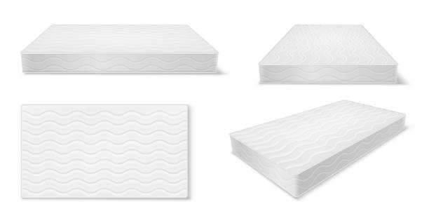 Mattress, futon or flock bed realistic mockups set. Large pad for supporting body, sleeping, rest Mattress, futon or flock bed realistic mockups set. Top, side, three quarter view. Large pad for supporting body, sleeping, rest, relaxation on bed, sofa or couch. Vector illustration bed frame stock illustrations