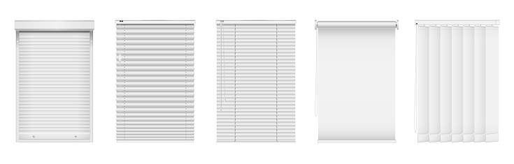 Set of realistic blinds or window louver. Plastic or metal curtain for office or home interior. Vertical and horizontal jalouse. Roller for windows decoration and protection. Vector illustration