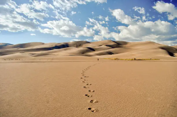 Photo of Man walks across desert towards sand dunes leaving distinct footprints behind