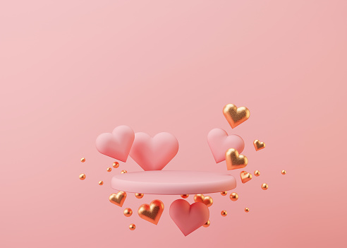 Podio rosa con corazones volando en el aire. San Valentín, Boda, Aniversario. Podio para producto, presentación cosmética. Maqueta. Pedestal o plataforma para productos de belleza. Ilustración 3D. photo