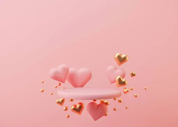 Pink podium with hearts flying in the air. Valentine's Day, Wedding, Anniversary. Podium for product, cosmetic presentation. Mock up. Pedestal or platform for beauty products. 3D illustration