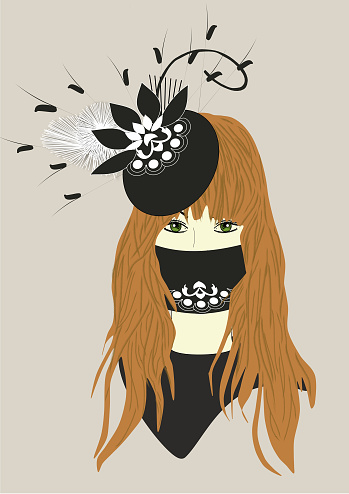 An illustration of a woman wearing a fascinator hat and a matching Coronavirus mask
