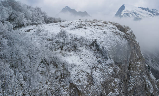 istock rocky mount slope covered by snow, misty winter mountain scene 1363678506
