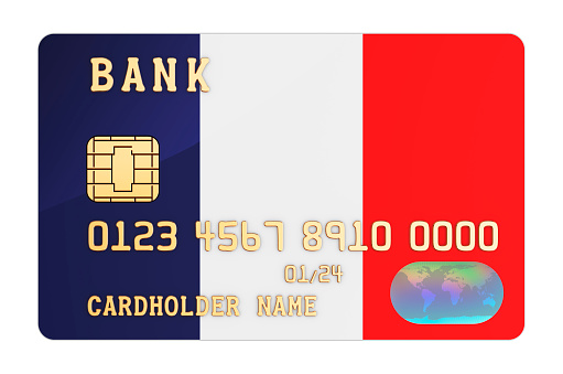Bank credit card featuring French flag. National banking system in France concept. 3D rendering isolated on white background
