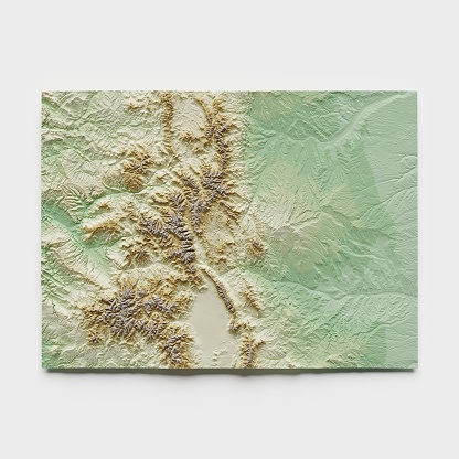 3D render of a topographic map of Colorado. All source data is in the public domain. SRTM data courtesy of the U.S. Geological Survey (https://search.earthdata.nasa.gov/search/granules?p=C1000000240-LPDAAC_ECS&pg[0][v]=f&pg[0][gsk]=-start_date&q=srtm%201%20arc&tl=1640787673!3!!&m=11.7421875!-80.859375!2!1!0!0%2C2). Map rendered using QGIS and Blender software.