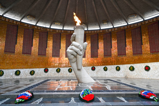 Eternal flame in Volgograd. The Guard of Honor in the Pantheon of Glory to the Heroes of the Battle of Stalingrad on Mamayev Kurgan in Volgograd. stock photo