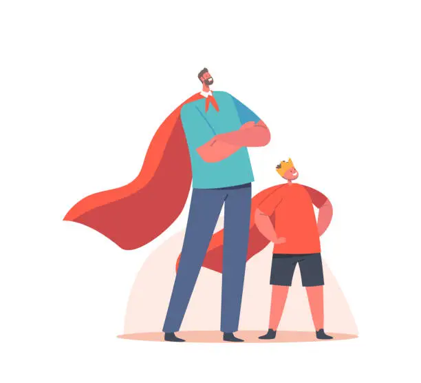 Vector illustration of Superfamily, Parent and Child Relations Concept. Happy Family Dad and Son Characters in Superhero Costumes Posing