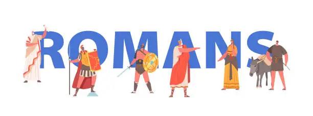 Vector illustration of Romans Concept. Ancient Rome Citizen Characters in Historical Costumes, Gladiator, Orator, Governor and Plebeian