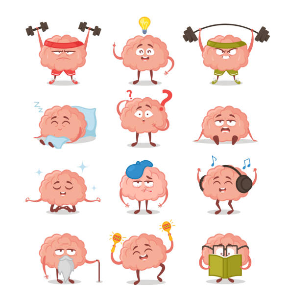 Brain Characters, Cute Cartoon Mascot With Funny Face Listen Music in Headset, Reading Book, Sports Workout, Sleeping Brain Characters, Cute Cartoon Mascot With Funny Face Listen Music in Headset, Reading Book, Sports Workout, Sleeping, Headache. Sad, Happy, Smiling Emotions. Vector Illustration, Isolated Icons Set barbel stock illustrations