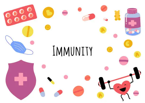 Vector illustration of Bundle of vector illustration, immunity theme set. Vitamins, medications isolated on white background. Flat cartoon vector illustration