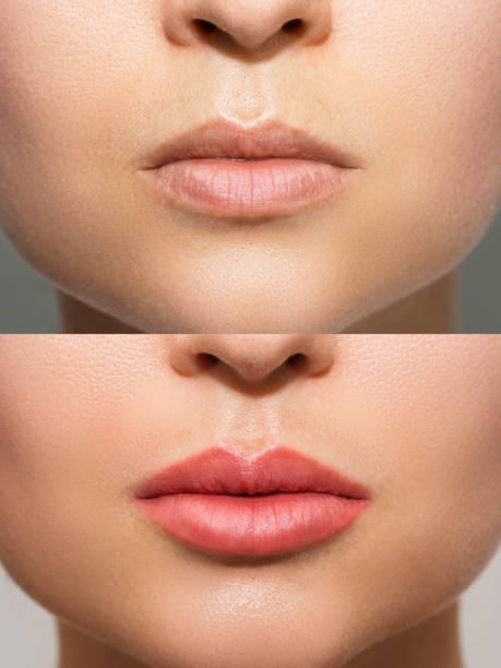 labios femeninos después del procedimiento permanente de rubor de labios de maquillaje - mid adult women human skin neat good condition fotografías e imágenes de stock