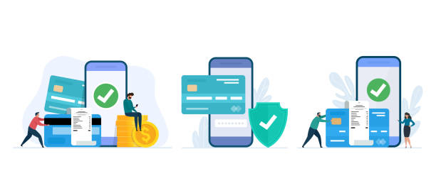 Online pay and electronic bill payment. Security transaction. Set of Mobile banking app design concepts. Vector illustration of online mobile banking. Online pay and electronic bill payment. Security transaction. Set of Mobile banking app design concepts. paid stock illustrations