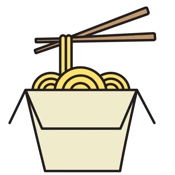 Vector illustration of Chinese food take out box with noodles and chopsticks thin line Icon set - editable stroke