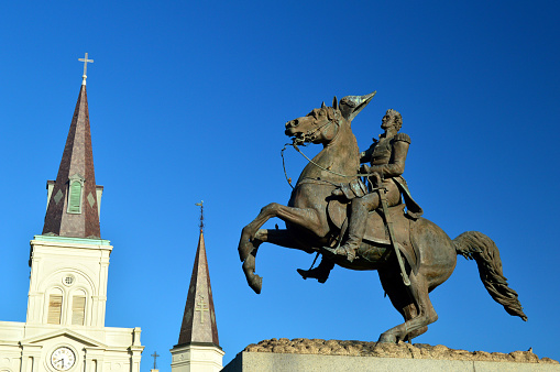 New Orleans, LA, USA June 9 A sculpture of Andrew Jackson on horseback rides in Jackson Square, in the French Quarter of New Orleans