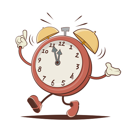 funny cartoon illustration of a walking alarm clock