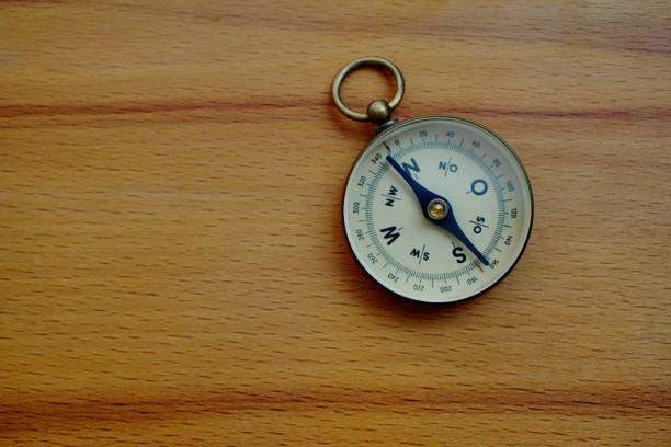 Close up shot of a vintage brass compass on wooden background.