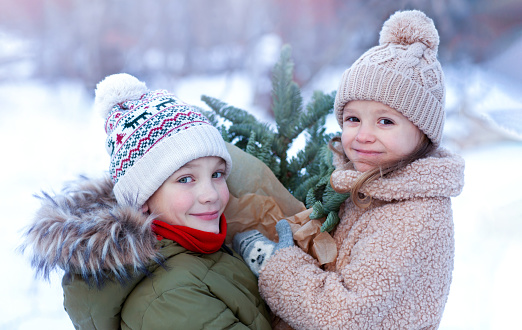 A boy and a little girl with an armful of fir branches are looking into the camera and smiling against the background of snow