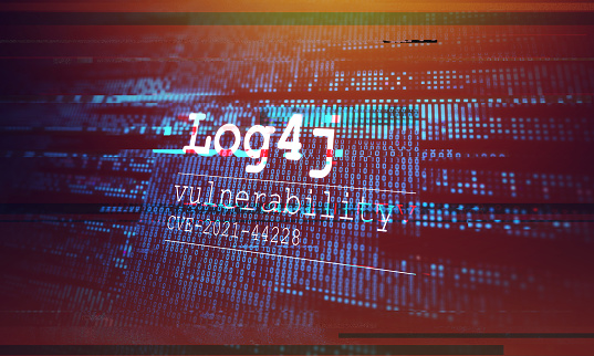 Cybersecurity vulnerability Log4J, security flaw based on open-source logging library, conceptual 2d illustration