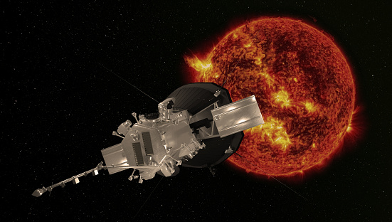 A probe to study the sun, approaching a star. Elements of this image were furnished by NASA. 3d rendering. 
https://images.nasa.gov/details-GSFC_20171208_Archive_e001435  software:blender