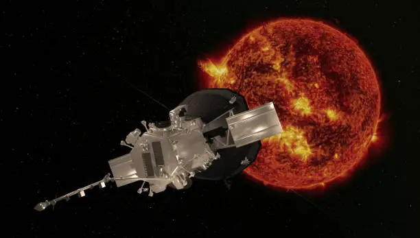 A probe to study the sun, approaching a star. Elements of this image were furnished by NASA. 3d rendering. 
https://images.nasa.gov/details-GSFC_20171208_Archive_e001435  software:blender
