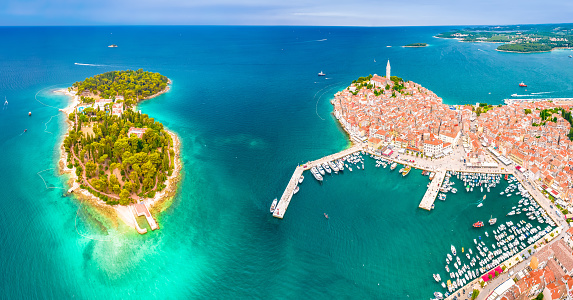 Town of Rovinj historic peninsula and Sveta Katarina island aerial view, famous tourist destination in Istria region of Croatia