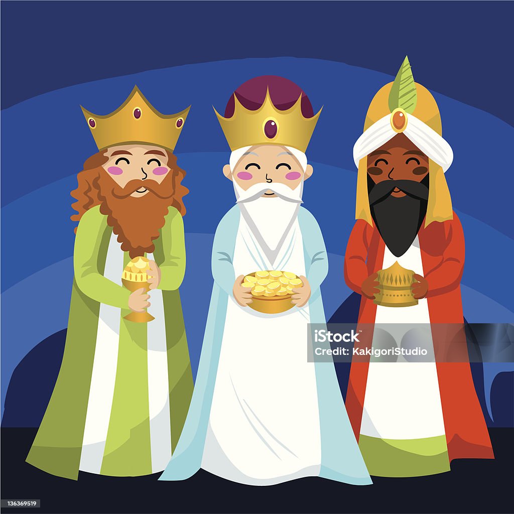 An illustration of the three wise men Three Wise Men bring gifts to Jesus on Christmas Three Wise Men stock vector