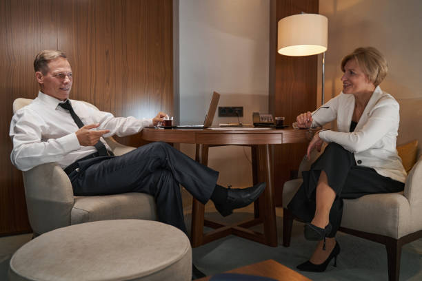 istock Business partners discussing work at the hotel 1363696642