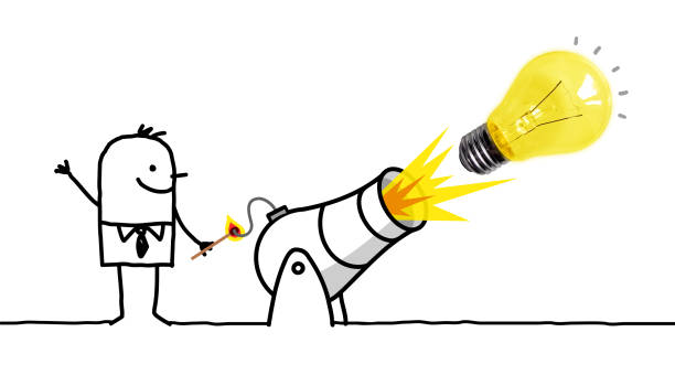 istock Cartoon Man with a Cannon and a big light bulb 1363696730