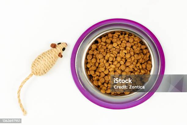 Dry Cat Food In Bowl And Cat Toy On White Background Cat Food Top View Stock Photo - Download Image Now