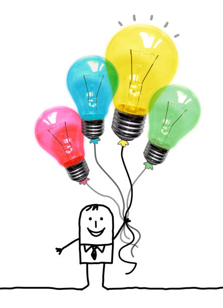 istock Hand drawn cartoon man with big colorful Balloons- light bulbs 1363698507