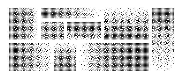 ilustraciones, imágenes clip art, dibujos animados e iconos de stock de fondo de desintegración de píxeles. efecto de descomposición. patrón punteado disperso. concepto de desintegración. establece texturas de mosaico de píxeles con partículas cuadradas simples. ilustración vectorial sobre fondo blanco - dissolving