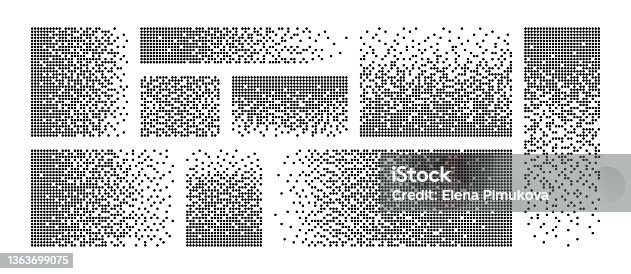 istock Pixel disintegration background. Decay effect. Dispersed dotted pattern. Concept of disintegration. Set pixel mosaic textures with simple square particles. Vector illustration on white background 1363699075