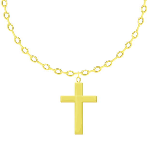 illustrazioni stock, clip art, cartoni animati e icone di tendenza di croce dorata con catena in stile cartone animato isolata su sfondo bianco. collana gioielli religiosi, accessori appesi. illustrazione vettoriale - cross cross shape shiny gold