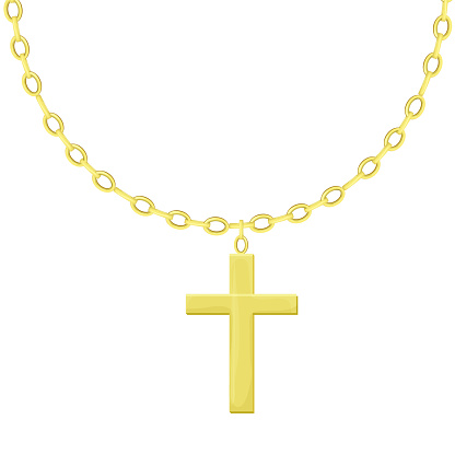 Golden cross with chain in cartoon style isolated on white background. Necklace religious jewelry, hanging accessories. Vector illustration
