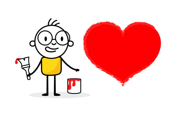 남자는 흰색 배경에 고립 된 빨간 마음을 그립니다. 손으로 그린 낙서 라인 아트 맨. 사랑의 개념. 벡터 스톡 일러스트레이션입니다. - february valentines day heart shape love stock illustrations