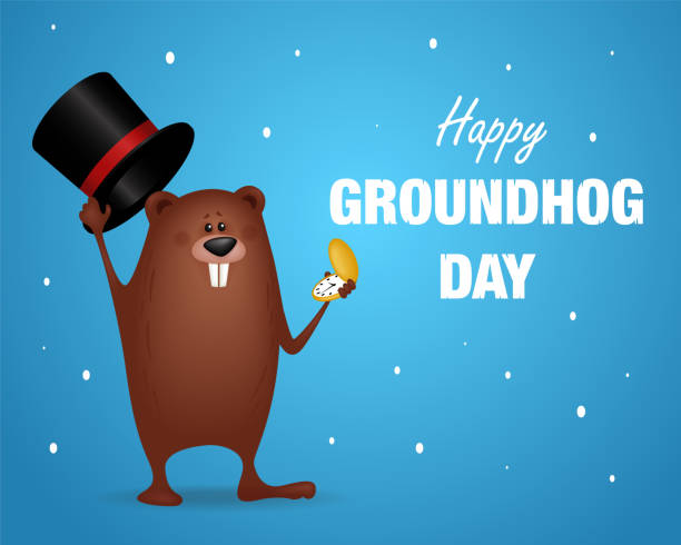 Happy Groundhog Day vector design for celebration on February 2. Template for greeting card or invitation. Funny cartoon illustration. Happy Groundhog Day vector design for celebration on February 2. Template for greeting card or invitation. Funny cartoon illustration. groundhog day clock stock illustrations