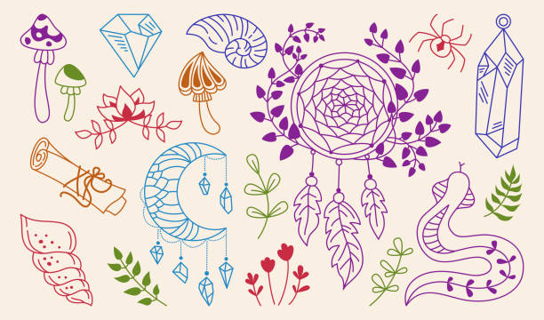 Mystic doodle set witchcraft symbols crystal spiritual boho occult magician elements witch vector Mystic doodle set, witchcraft symbols crystal, shell, dreamcatcher, spider, snake. Spiritual boho hand drawn occult elements. Magician sign alchemy and esoteric. For tattoo, stamp, print witch vector spider tribal tattoo stock illustrations