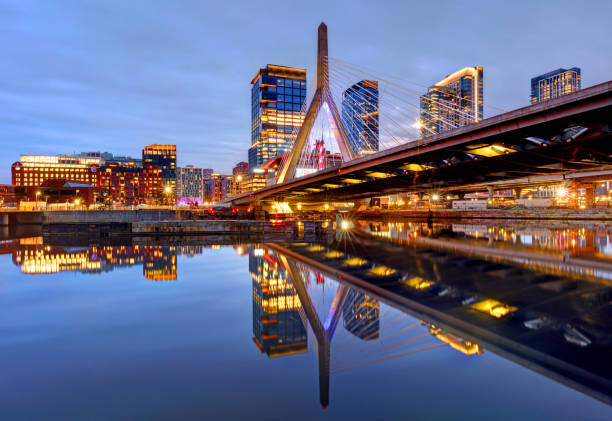 Zakim Bridge in Boston, Massachusetts The Leonard P. Zakim Bunker Hill Memorial Bridge is a cable-stayed bridge completed in 2003 across the Charles River in Boston, Massachusetts. boston massachusetts photos stock pictures, royalty-free photos & images