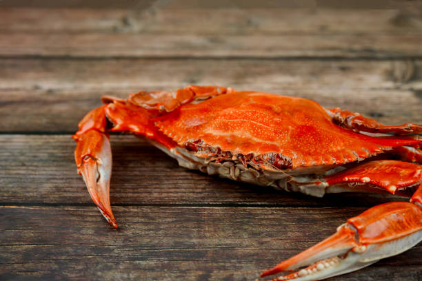 istock Steamed crab with grass on a wooden surface. 1363709906