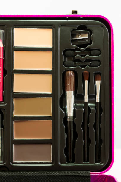 istock Close-up of a multicolored makeup palette, with compact foundation cream, brushes and pencil sharpener. 1363710107
