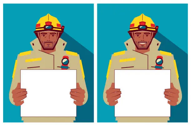 Vector illustration of A young firefighter holds a blank sign with two different emotions