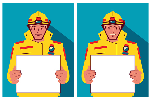 Unique Characters Vector Art Illustration.
A young firefighter holds a blank sign with two different emotions.