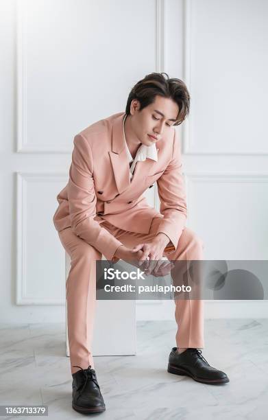 Portrait Of Korean Asian Handsome Smile Friendly Business Model Man In Pink Suit Sitting Business Man Smart With Success Manager Or Executive With Leadership Office Fashion Workspace Stock Photo - Download Image Now