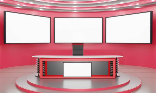istock white table and lcd screen background in the news studio room.3d rendering. 1363714419