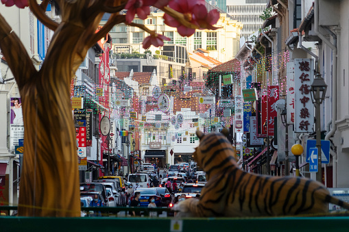 Singapore, Singapore - January 9, 2022: A tiger and a tree placed on a median strip before a street in Chinatown as part of a Chinese New Year display. 2022 marks the start of the Year of the Tiger.