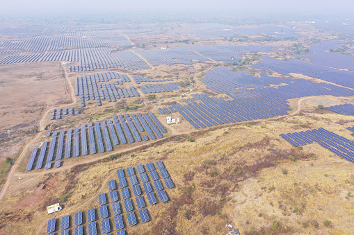 Aerial view of solar energy generation park in Maharashtra, India