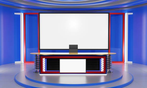 istock wood table on stand with led screen background in the blue news studio room.3d rendering. 1363715088