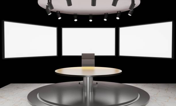 istock wood table and lcd background in the news studio room.3d rendering. 1363715219