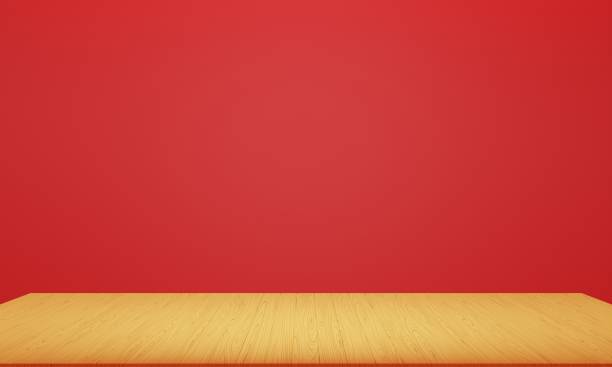 istock wooden table with spotlight the red studio room.3d rendering. 1363715221